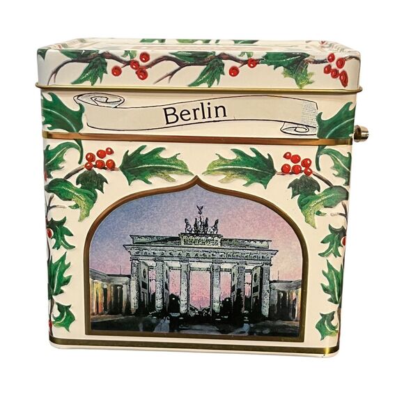 Vintage Christmas Cookie Tin Music Box Lambertz German Plays White Christmas - Picture 1 of 8